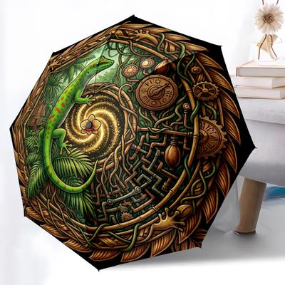 Steampunk Gecko Jungle Pattern Umbrella, Portable and Foldable Design, 8 Ribs, a Casual Accessory for Halloween, Christmas, and Birthday Gifts.