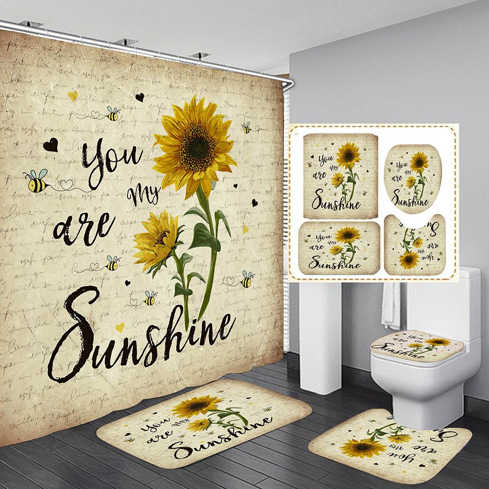 4pcs Set Doormat Shower Curtain with Non-Slip Rugs Toilet Seat Cover Bath Carpet Durable Waterproof Bathroom Home Entrance Decor