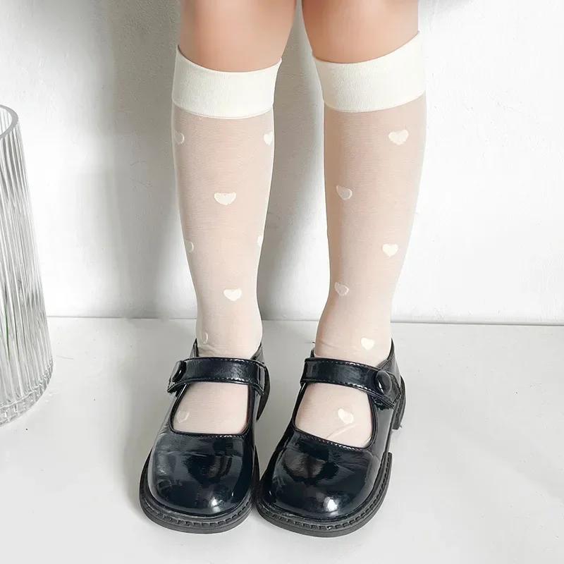 1 Pair Sweet Kids Girls Calf Sock Fashion Bowknot Heart Style Knee High Sock for Toddler Summer Thin Soft Elastic Sock One Size