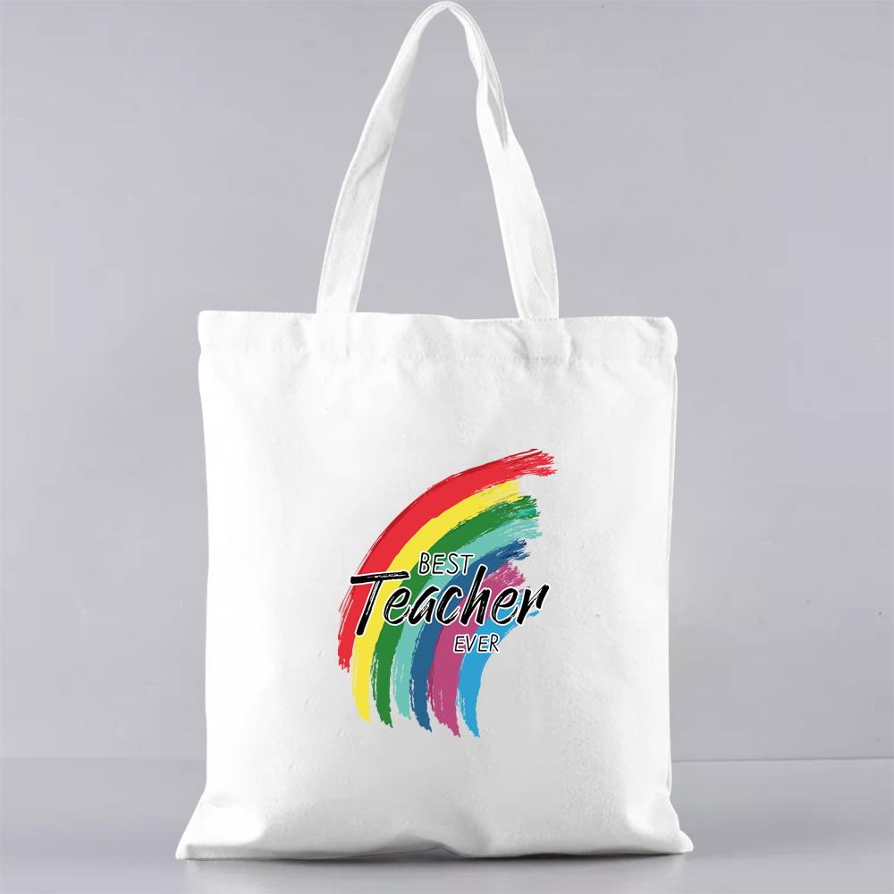 Fashion Shopping Bag Handbag Commuter Casual Shoulder Bag Reusable Canvas Bag White Cartoon Teacher Pattern Printing Tote Bag