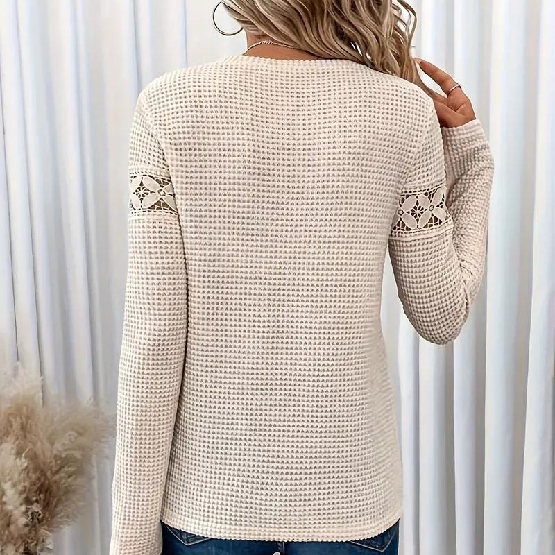 Women's Spring and Autumn Loose Top Solid Color Lace Stitching Round Neck Casual Ladies Long-sleeved T-shirt