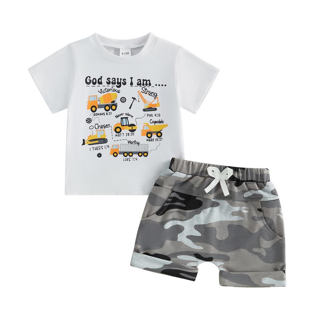 Tenues d'été pour tout-petits Garçons T-shirts à manches courtes imprimé Lettres Véhicules Short à taille élastique Camouflage Ensemble 2 pièces Vêtements