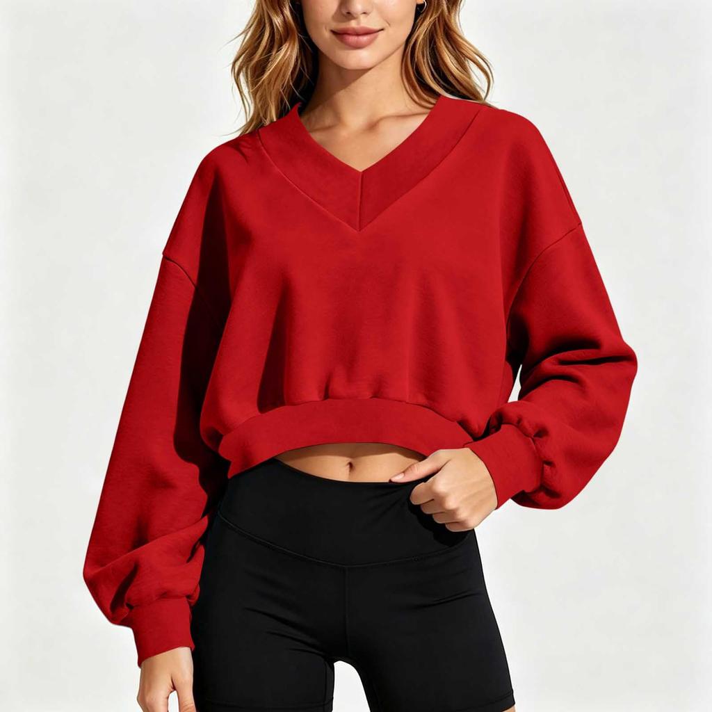 Women's Casual V Neck Long Sleeve Cropped Sweatshirt for Everyday Wear