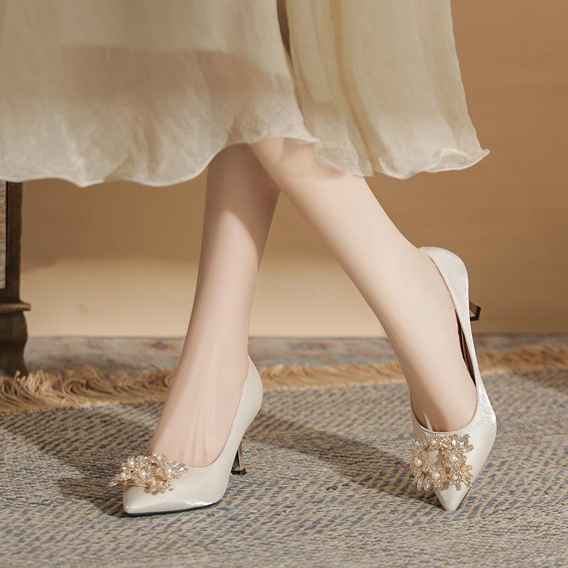 New Pointed High Heels Large Size Plus Wide Women's Shoes Pearl Square Buckle Single Shoes Wedding Shoes