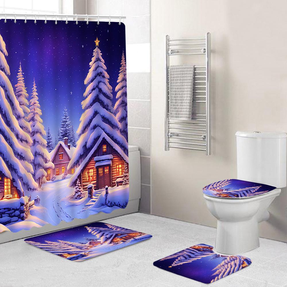 Christmas Toilet Cover Shower Curtain Floor Mat Set Santa Carpet Door Mat Foot Mat Non-Slip Mat