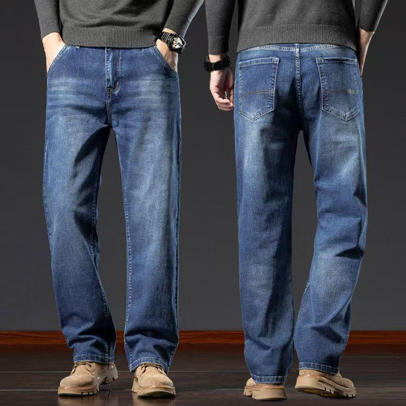 Men's Plus Velvet Loose-Fit Straight Jeans with Oblique Pockets - Versatile Autumn/Winter Nine-Point Pants (Large Size Available)