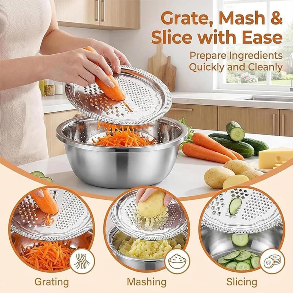 2026 New Germany Multifunctional Stainless Steel Basin, 3 in 1 Stainless Steel Basin and Grater Set, Colander Basin Mixing Bowl Set, Food Graters