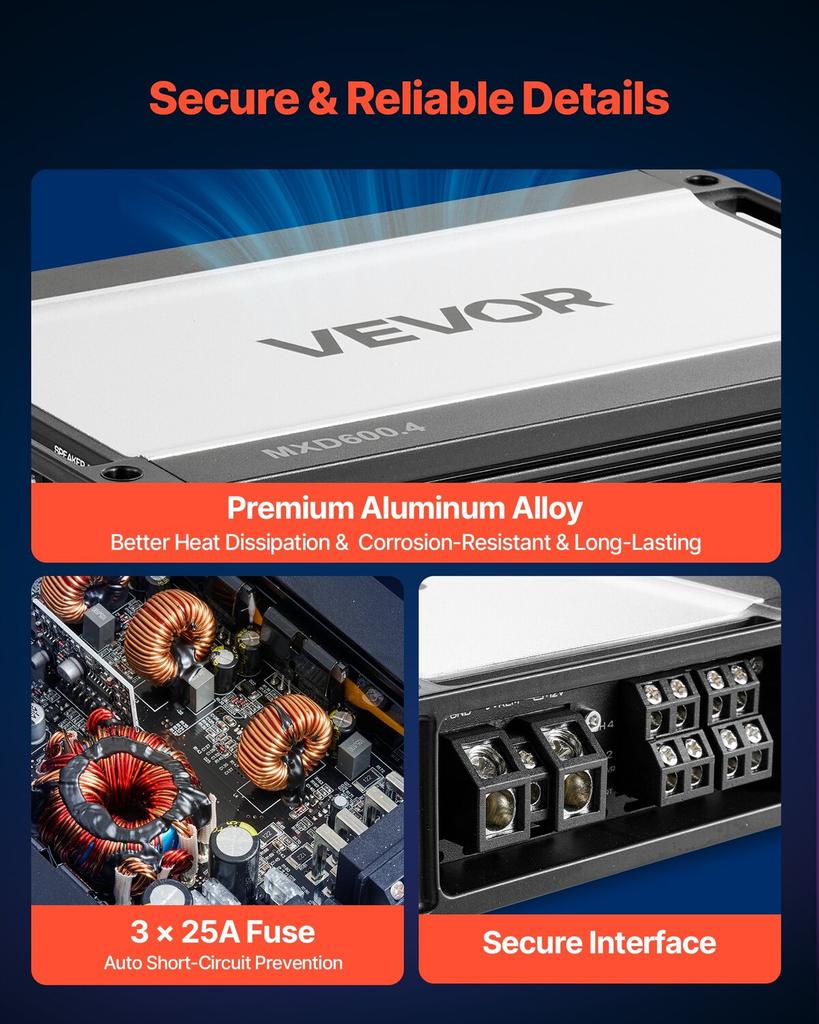 Car Audio Amplifier, 4-Channel Bridgeable Car Amplifier, Multichannel Class D Stereo Amp, Max. 4 x 420W at 4 Ohms / 4 x 600W at 2 Ohms, High Output,