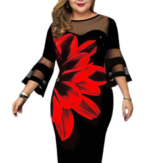 Sexy Women Dress 45720 Sleeve Mesh Patchwork Floral Print Bodycon Knee-length Bodycon