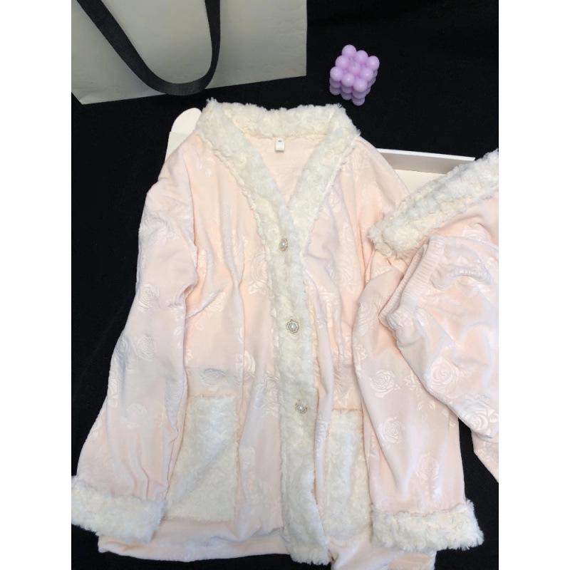 Women's Rose Fleece Pajama Set - Long Sleeve & Pants, Autumn/Winter Style