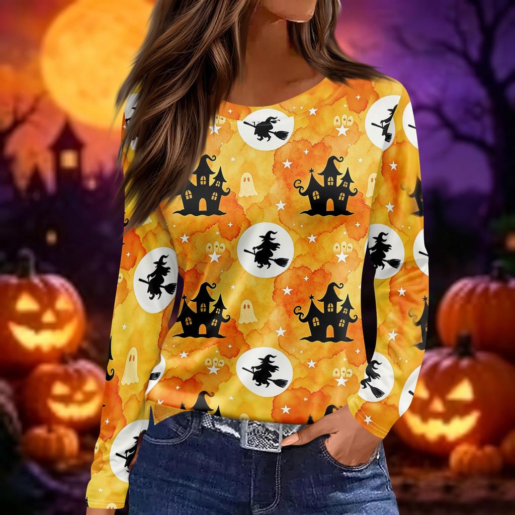 Womens Halloween Print Long Sleeve Top Round Neck Casual Pullover Shirt with Side Slit Hem Lightweight Stretchy Fabric
