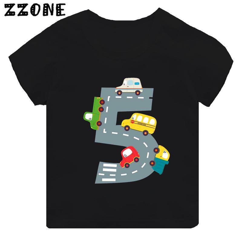 Hot Sale Different Car Print Funny Boys Clothes 1 2 3 4 5 6 7 8 9 Years Birthday Number Cartoon Kids T shirt Baby Girls TShirts