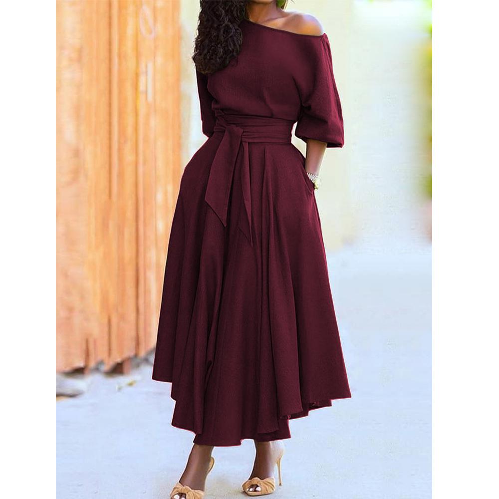 

2026 Summer Oblique Shoulder Collar Straps Skirt Waist Temperament Solid Color Dress Women 2XL вина червоного кольору