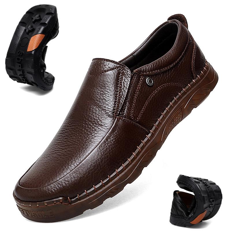 Men's Autumn Low-Top Slip-On Leather Shoes - Versatile, Breathable Casual Driving Footwear in Large British Style.