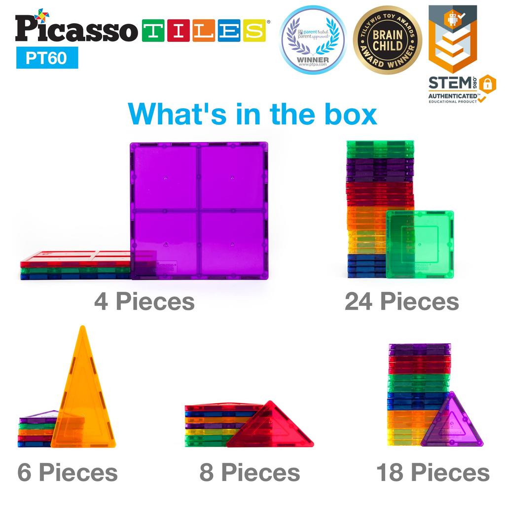 PicassoTiles 60-Piece Set of Magnetic Building Tiles, Clear Magnetic 3D Building Blocks for Construction Playboards - Unbelievable Creativity,
