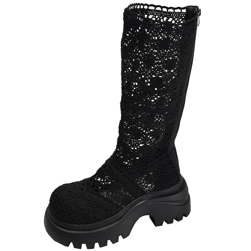 White retro small thick-soled heightening knight boots women's 2025 new autumn versatile soft-soled hollow boots