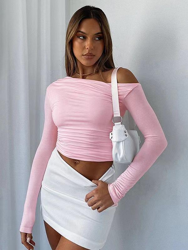 2025 Women's Asymmetrical One-Shoulder Solid Color Long Sleeve Slim Fit Cropped Top