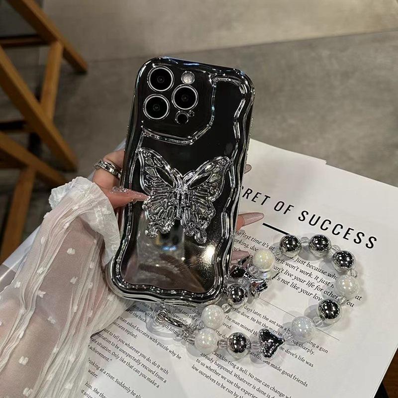 Applicable to Apple 17 mobile phone case three-dimensional silver butterfly iPhone16promax electroplating fashion style women's bracelet