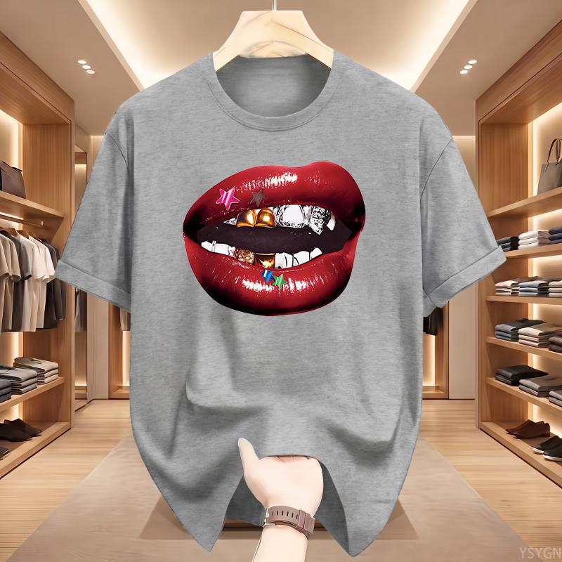 American Personalized Lip Pattern Pure Cotton Printed Unisexs And Unisexs Clothing Summer New Casual Loose Fashion Tshirt