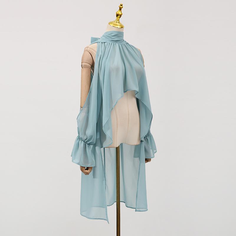 Women's Sleeveless Bell Sleeve Top with High Neck and Crop Hem In Light Blue