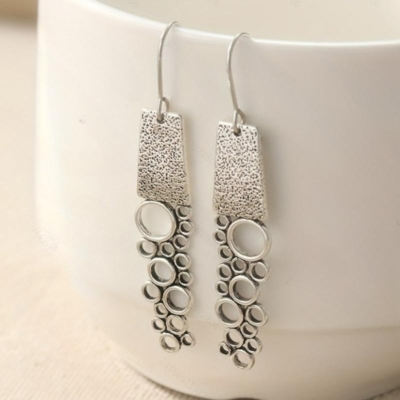 Vintage Silver Color Geometric Hollow Circle Pendant Earrings, Women's Personalized and Creative Holiday Accessory Gifts