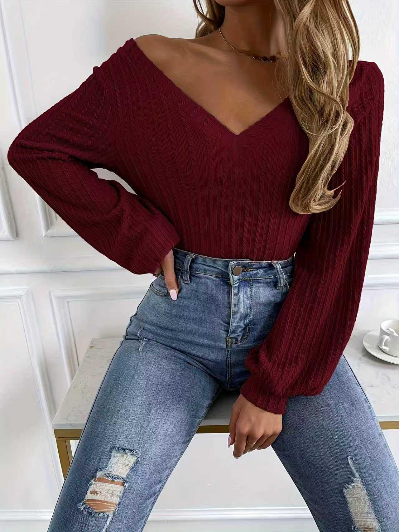 2025 Autumn/Winter Women s Solid Color Ribbed V-Neck Long Sleeve Casual Top L вино красного
