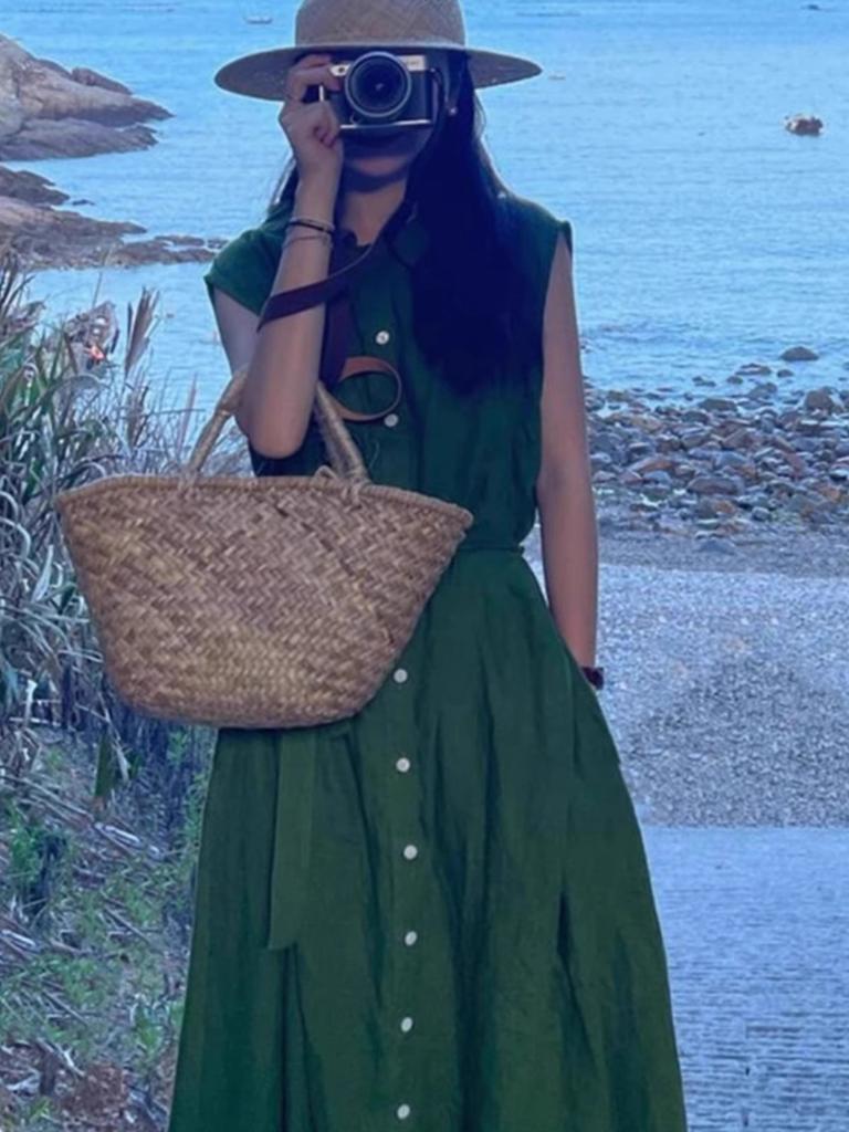 Retro literary green shirt sleeveless dress women's simple casual summer comfortable relaxed atmosphere long skirt