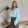 Early autumn niche pure cotton blue round neck long-sleeved fungus edge shirt women's high-end versatile commuter fashion casual cardigan