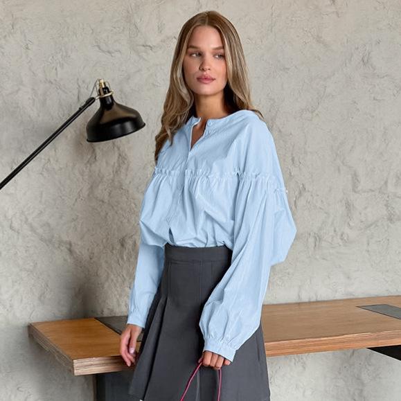 Early autumn niche pure cotton blue round neck long-sleeved fungus edge shirt women's high-end versatile commuter fashion casual cardigan