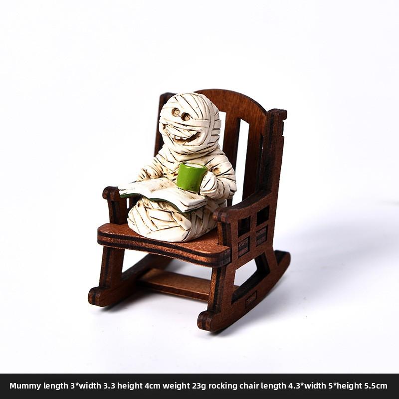 Halloween Witch Ghost Rocking Chair Cute Handmade Figurine Tabletop Ghost in Black Costume Resin Vehicle Figurine