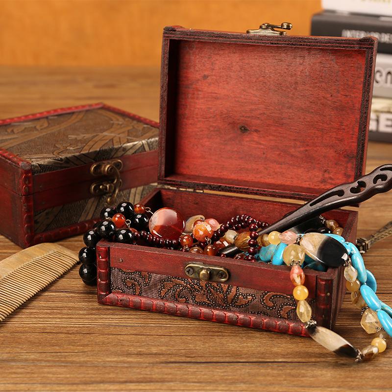 Vintage Wooden Storage Box Small Wooden Storage Chest Trunk Pirate Treasure Chest With Lock Trinket  Jewelry Necklace Decor Box