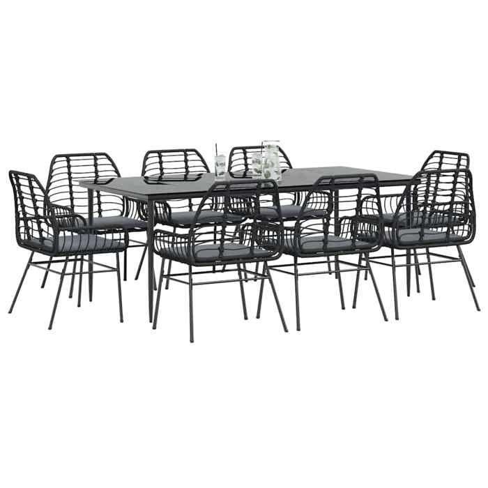VidaXL Garden Dining Set Cushions 9pcs Black Poly Rattan Glass, Outdoor Dining Set, Furniture of 3334456