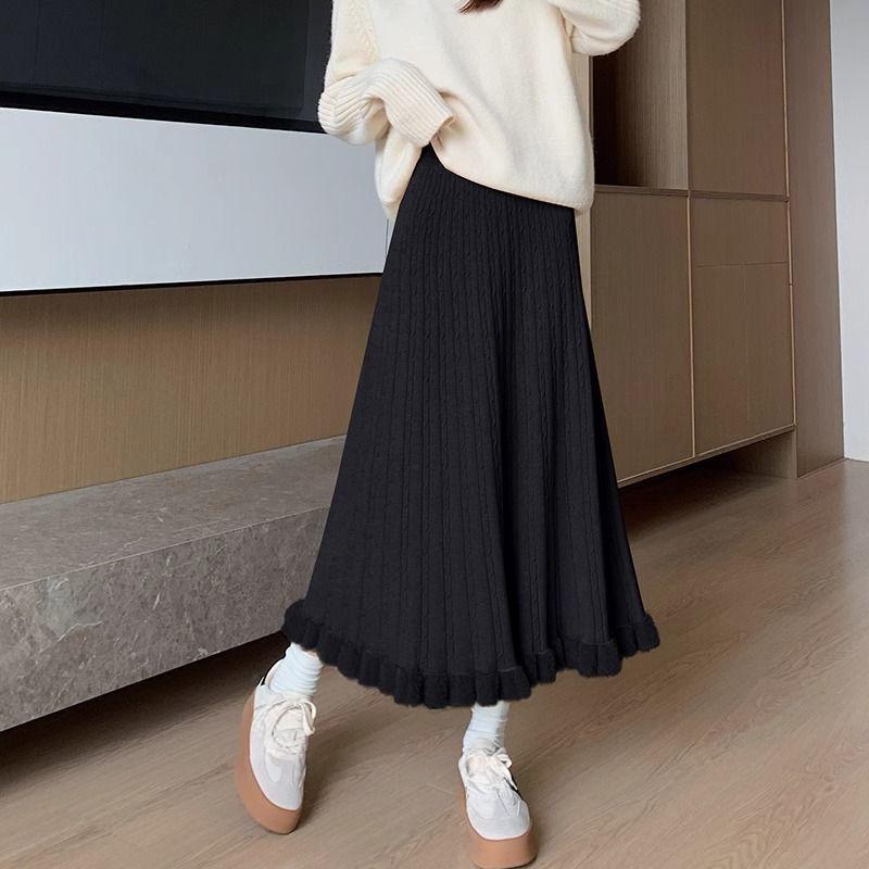 A-Line Women's Autumn Winter Knitted Midi Skirt Slim-Fitting High Waist Wool Half Skirt