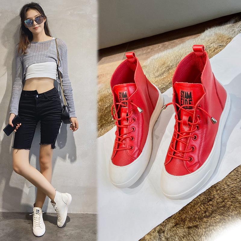 2025 spring and autumn new first-layer cowhide breathable high-top women's shoes Korean version fashion thick-soled one-pedal round-headed short boots