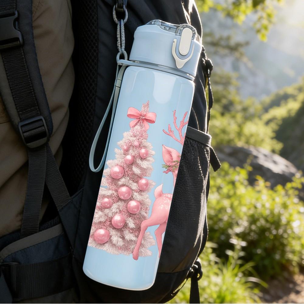 1PC Floral Reindeer Christmas Print 750ml Color Plastic Sports Water Bottle Leakproof Flip Straw Lid Suitable for Sports Office Home Use
