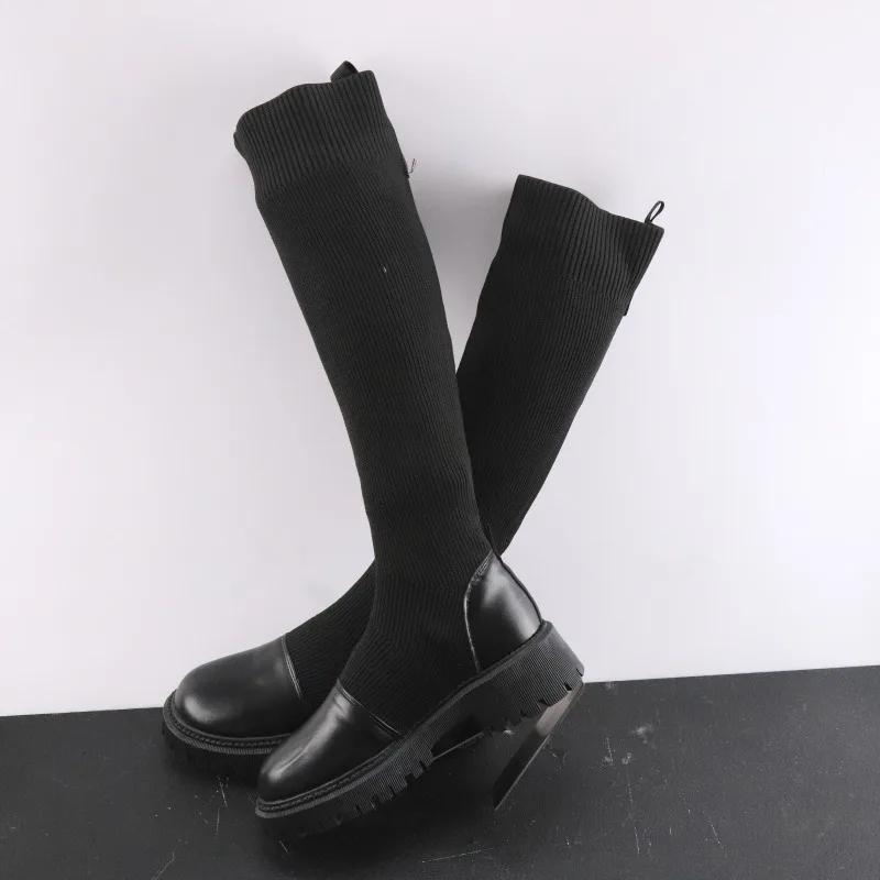 Winter Women Sock High Boots Knitting Mid Heels Fashion Shoes Woman Brand 2025 Trend Goth Fad Pumps Cozy Party Snow Botas Mujer