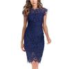 Women's Stand Collar Sleeveless Pencil Midi Dress Casual Lace Trim Solid Color Dress