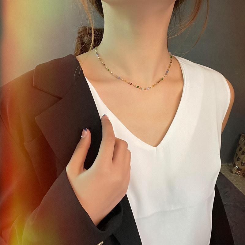 Gold Plated Stainless Steel Multicolor Cube Beaded Choker Necklace