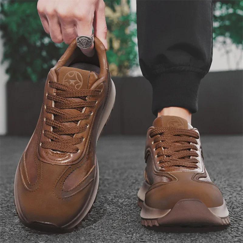 Men's Retro Low-Top Leather Sneakers - Casual Autumn/Winter Jogging Shoes