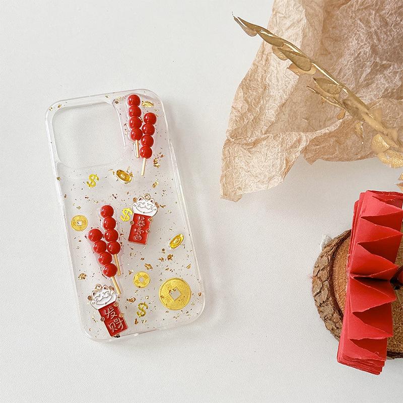 

Чехол для мобильного телефона в новогоднем стиле с боярышником в сахаре для привлечения богатства для iPhone17Promax Привлечение богатства для Apple 15plus Золотая фольга For iPhone 7/8/SE 2020