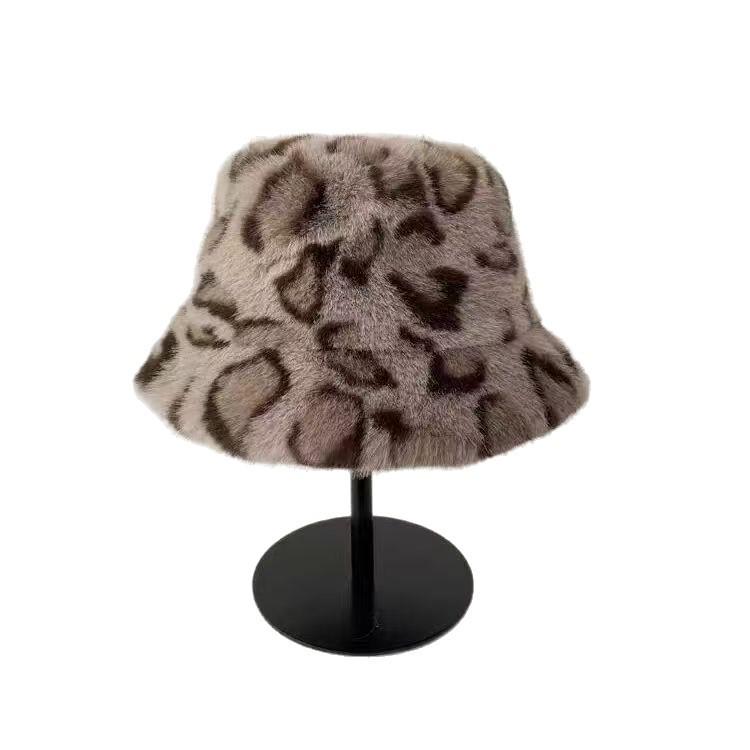 Women's Leopard Print Plush Bucket Hat - Thick, Warm, and Fashionable Imitation Mink Fur Winter Hat