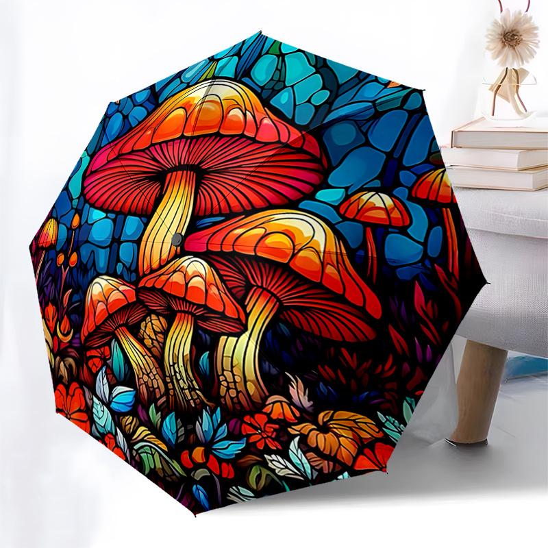 Bunter Pilzgarten Automatischer Aufklapp-Faltregenschirm - Tragbares 3-Fach-Design mit Eisenrahmen, Perfekt für den Außenbereich, Festliche Geschenke,