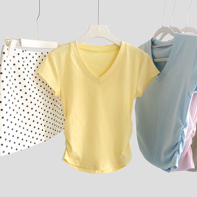

Women s Slim Fit Milky Yellow Ruched V-Neck Short Sleeve Top Extra Large