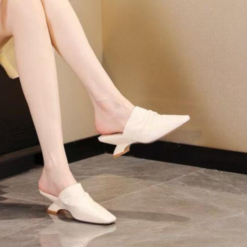 Fashion Shaped Heel Wrapped Slippers Women's Fashion Square Toe Deep Mouth Pleated Cover Foot Anti-slip Wear-resistant Kitten Heel Shoes
