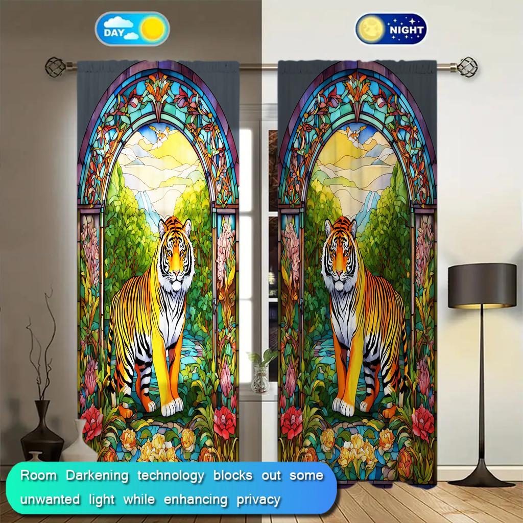 2pcs Colored Glass Tiger Printed Curtain for Home Decor - Rod Pocket Window Treatment for Bedroom, Office, Kitchen, Living Room
