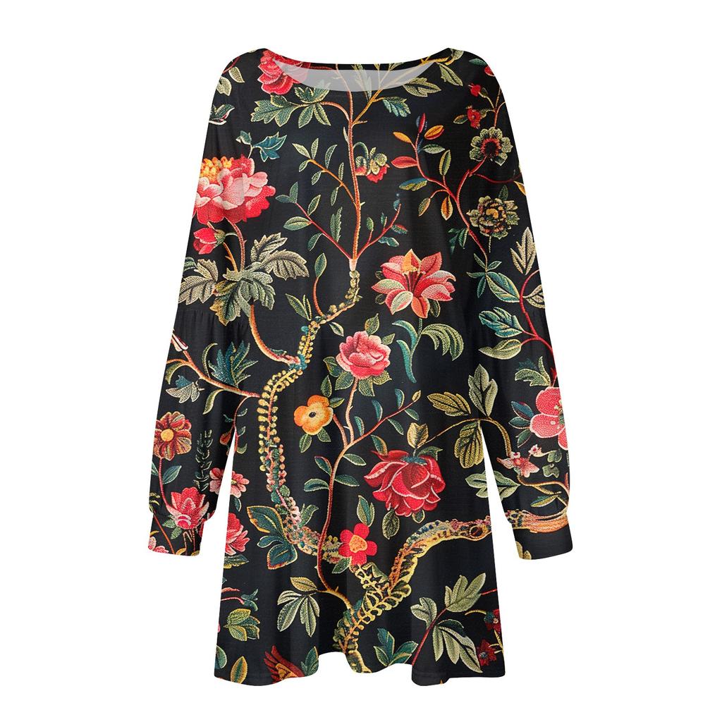 Fashion Womens Long Sleeve A Line Dress Fall Casual Pullover Crewneck Loose Fit Dress With Pockets