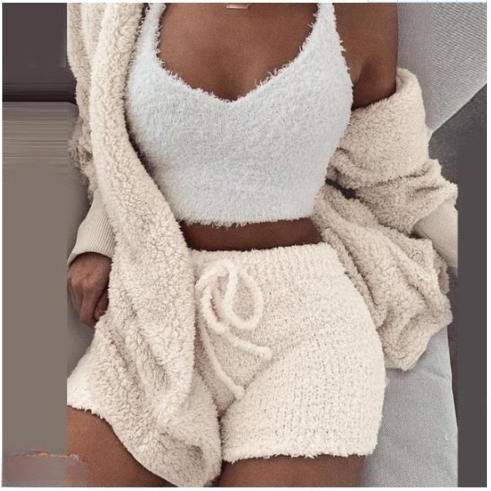 Women's Loose Fit Three Piece Loungewear Long Sleeve Fuzzy Cardigan V Neck Tank Drawstring Waist Shorts Winter Solid Tracksuit