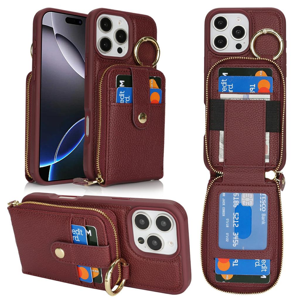 For iPhone 16 Pro Case with Zipper Pouch/Ring Kickstand/Strap Litchi Texture PU + TPU Phone Cover