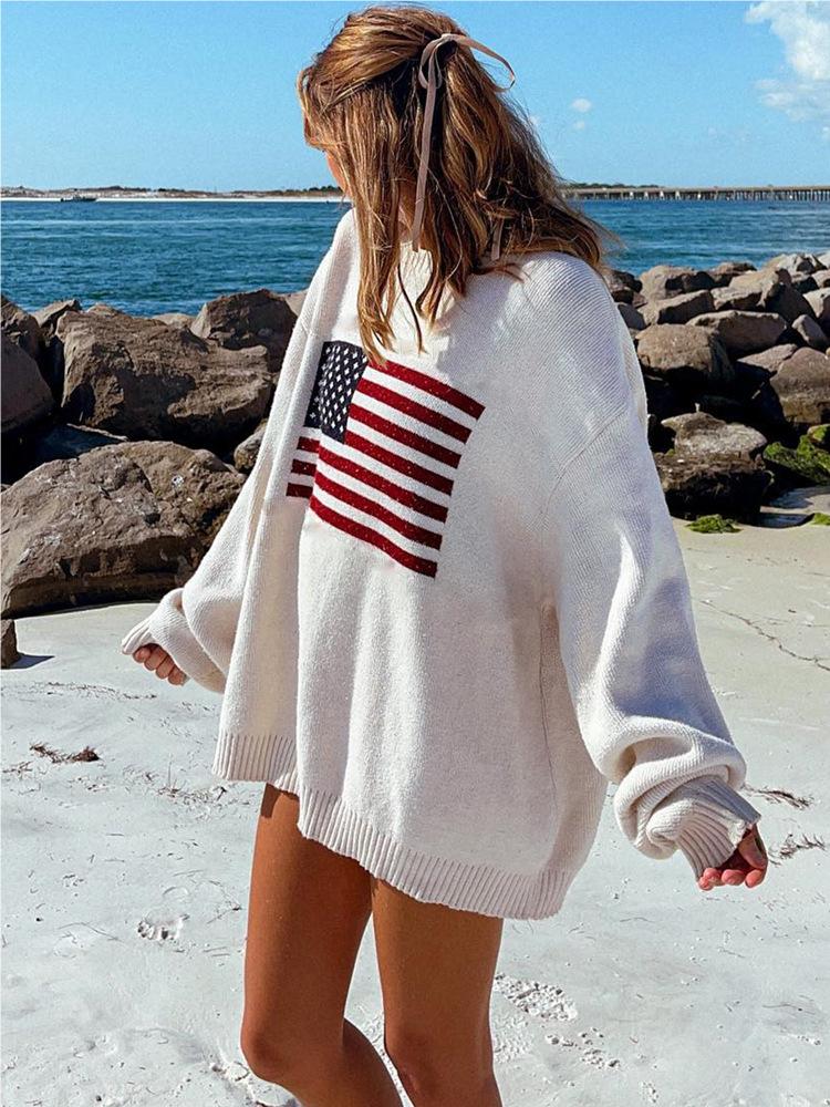 Maglioni da Donna con Motivo Bandiera Maglioni Caldi Larghi Vintage Manica Lunga Girocollo Casual Harajuku Pullover Maglieria Streetwear
