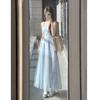 French Gentle Wind Blue Lace Suspender Dress Women's Summer Seaside Vacation Wind Waist Chic Long Dress